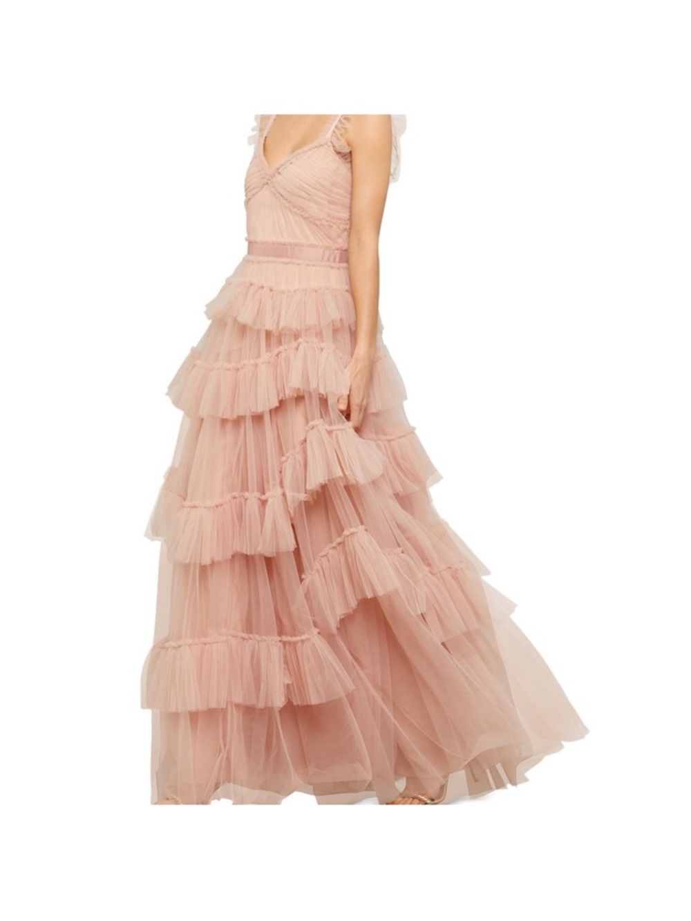 BCBGMAXAZRIA Blush Pink Ruffled Tulle Maxi Dress